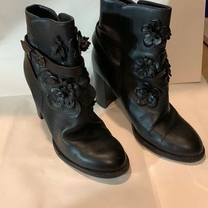 Valentino black bootie heels with floral appliqué